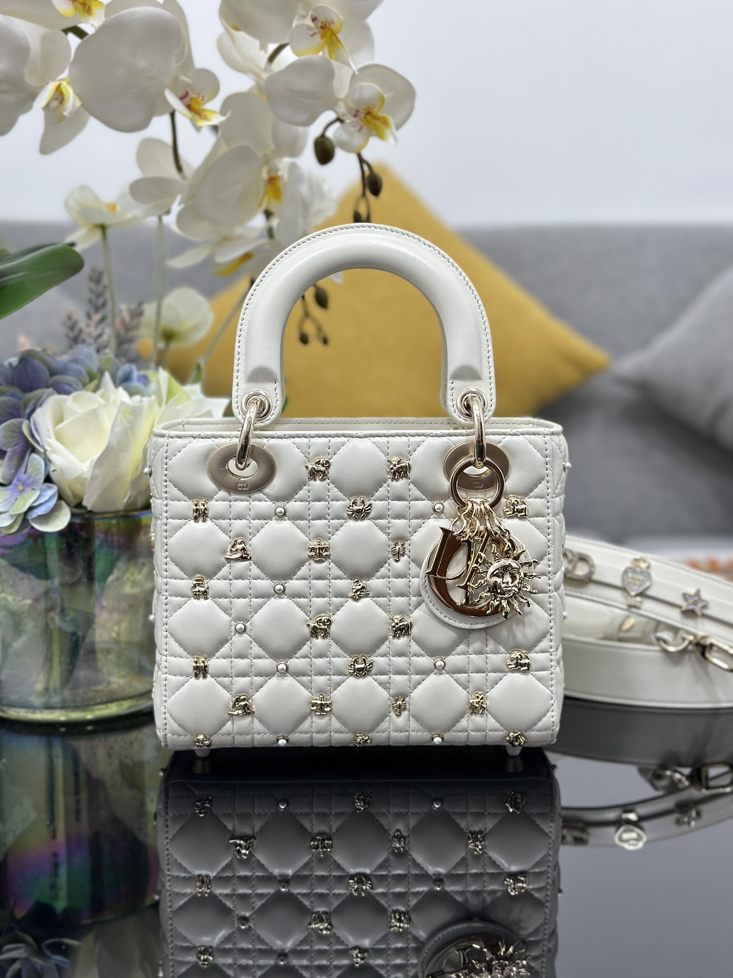 Small Lady Dior Bag White Lambskin with Star Sign Nail